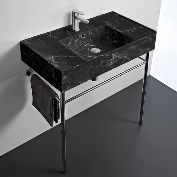 Scarabeo 5123-G-CON Black Marble Design Console Sink and Polished Chrome Stand, 32 Inch